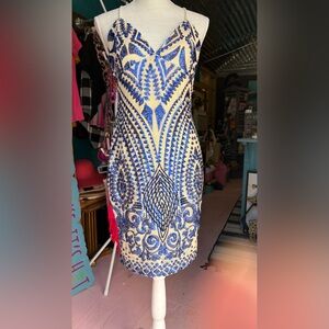 Blue and Gold Strapless Bodycon Dress for Prom- Mainstrip